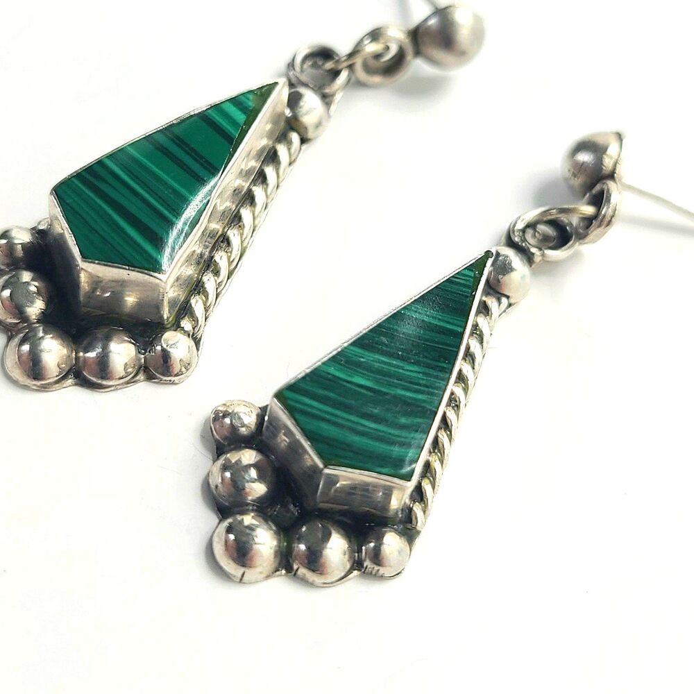 925 Sterling Silver Malachite Earrings Dangle Drop Gemstone Inlay Southwestern - Picture 2 of 7